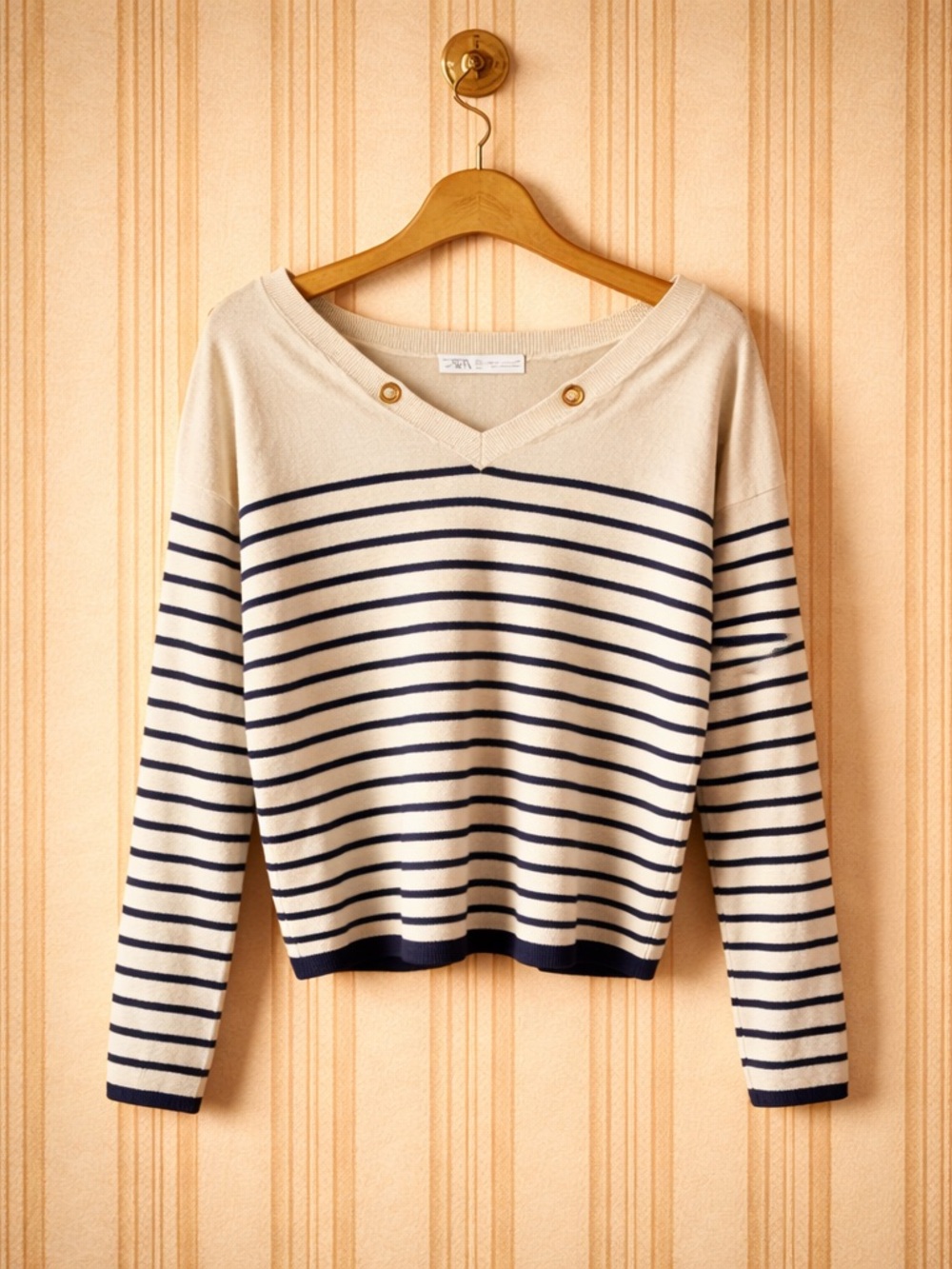 Zara Breton Striped Sweater Cream Navy Knit Top Coastal Chic